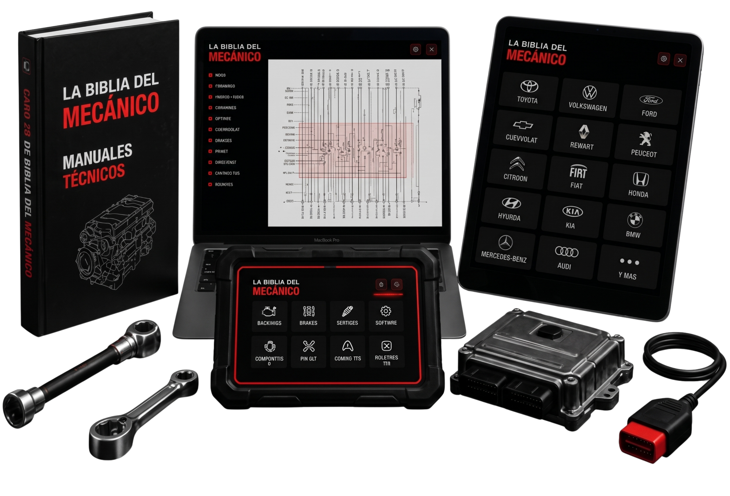 Libro, tablet y herramientas